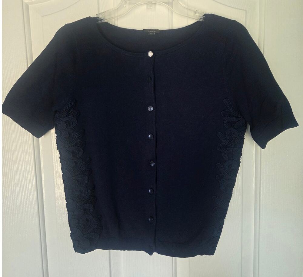 Women's DK Blue Talbots Short Sleeve Cardigan Size MP